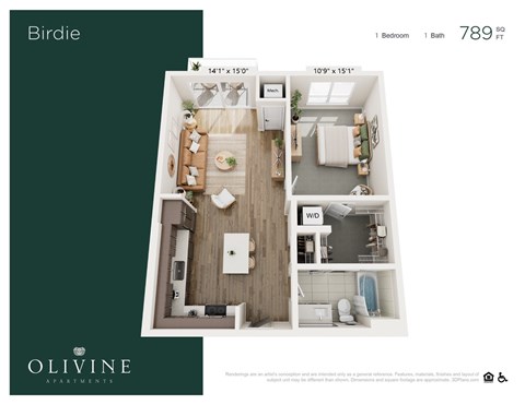 Floor plan for 1 bed, 1 bath, 789 sqft