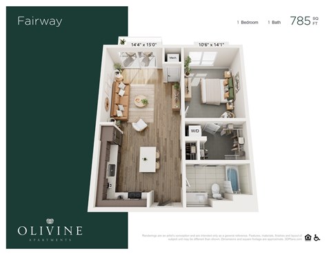 Floor plan for 1 bed, 1 bath, 785 sqft