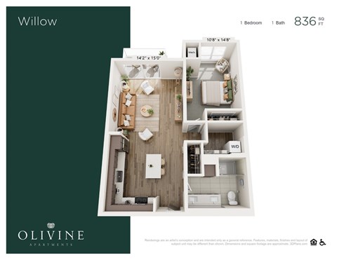 Floor plan for 1 bed, 1 bath, 836 sqft