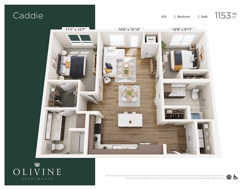Floor plan for 2 beds, 2 baths, 1153 sqft