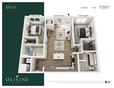 Floor plan for 2 beds, 2 baths, 1138 sqft