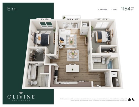 Floor plan for 2 beds, 2 baths, 1150 sqft
