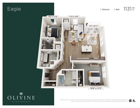 Floor plan for 2 beds, 2 baths, 1131 sqft