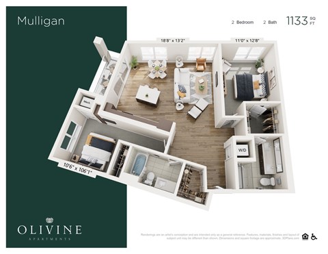 Floor plan for 2 beds, 2 baths, 1133 sqft