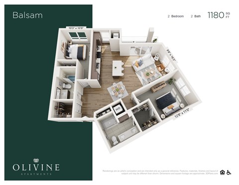 Floor plan for 2 beds, 2 baths, 1180 sqft