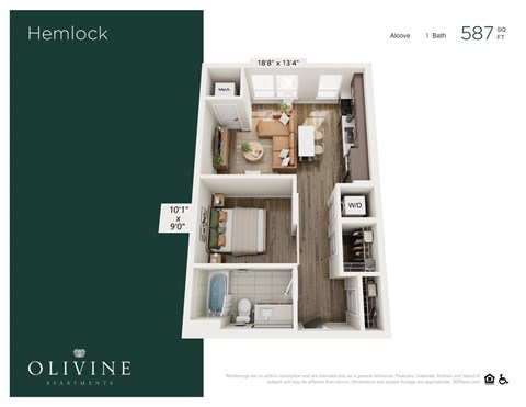 Floor plan for 1 bed, 1 bath, 587 sqft