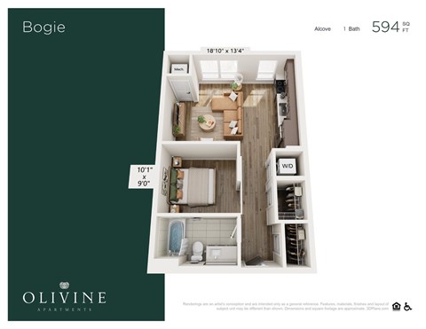Floor plan for 1 bed, 1 bath, 594 sqft