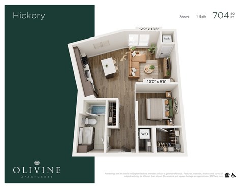 Floor plan for 1 bed, 1 bath, 704 sqft