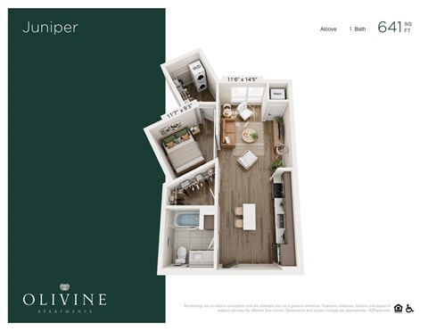 Floor plan for 1 bed, 1 bath, 641 sqft