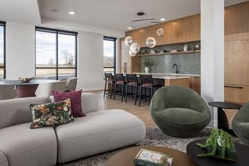 Victoria apartment for rent - A modern living room with a grey sofa and a green armchair.