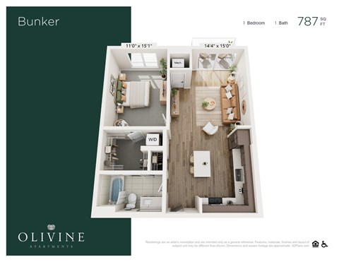Floor plan for 1 bed, 1 bath, 787 sqft