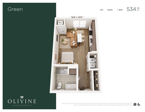 Floor plan for studio, 1 bath, 534 sqft