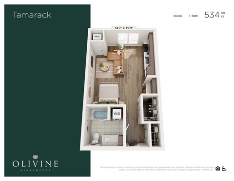 Floor plan for studio, 1 bath, 534 sqft