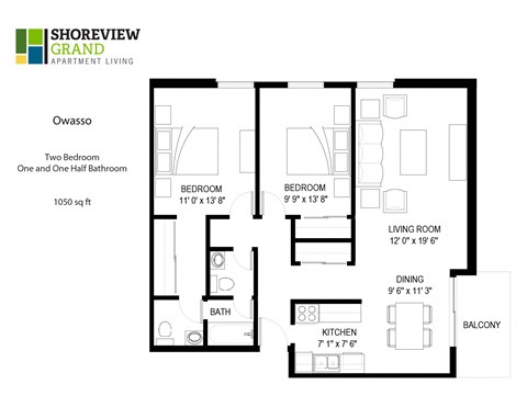 Floor plan for 2 beds, 1 bath, 1050 sqft