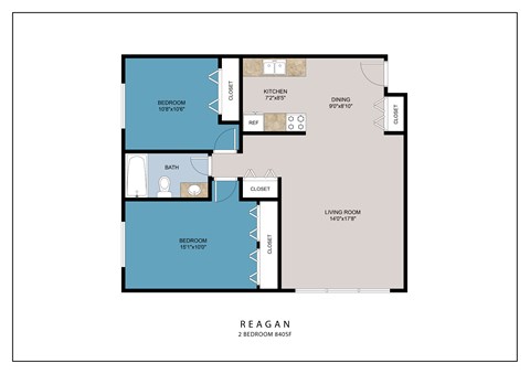 Floor plan for 2 beds, 1 bath, 840 sqft