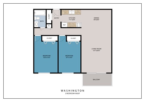 Floor plan for 2 beds, 1 bath, 900 sqft