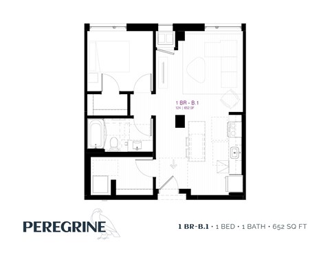 Floor plan for 1 bed, 1 bath, 653 sqft