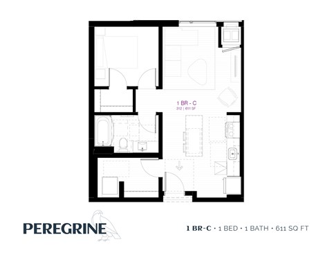Floor plan for 1 bed, 1 bath, 611 sqft