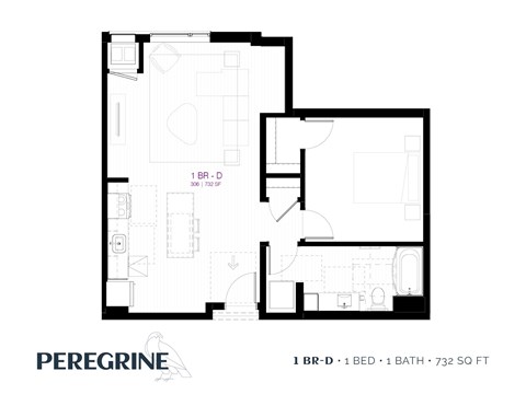 Floor plan for 1 bed, 1 bath, 732 sqft