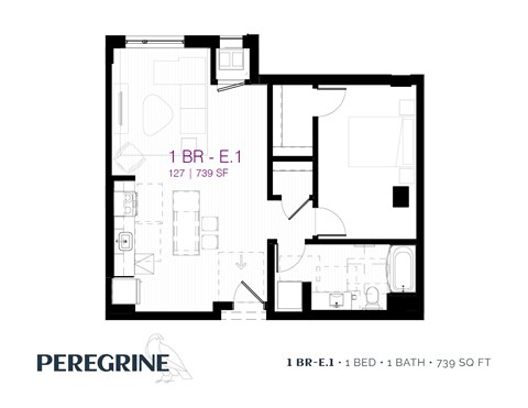 Floor plan for 1 bed, 1 bath, 746 sqft