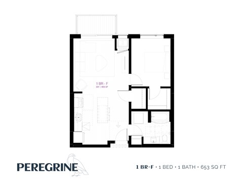 Floor plan for 1 bed, 1 bath, 657 sqft