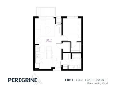 Floor plan for 1 bed, 1 bath, 657 sqft