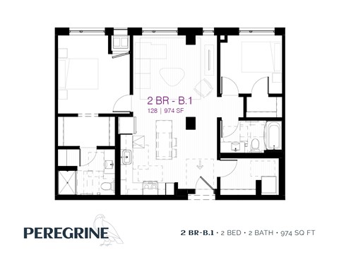 Floor plan for 2 beds, 2 baths, 969 sqft