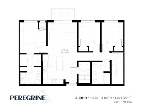 Floor plan for 3 beds, 2 baths, 1206 sqft