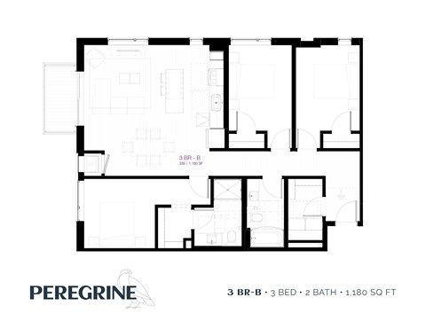Floor plan for 3 beds, 2 baths, 1194 sqft