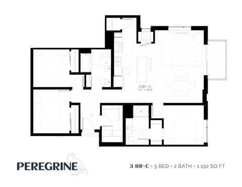 Floor plan for 3 beds, 2 baths, 1192 sqft