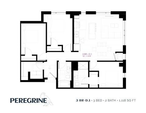 Floor plan for 3 beds, 2 baths, 1153 sqft