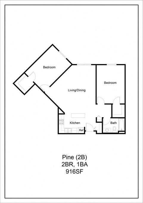 Floor plan for 2 beds, 1 bath, 916 sqft