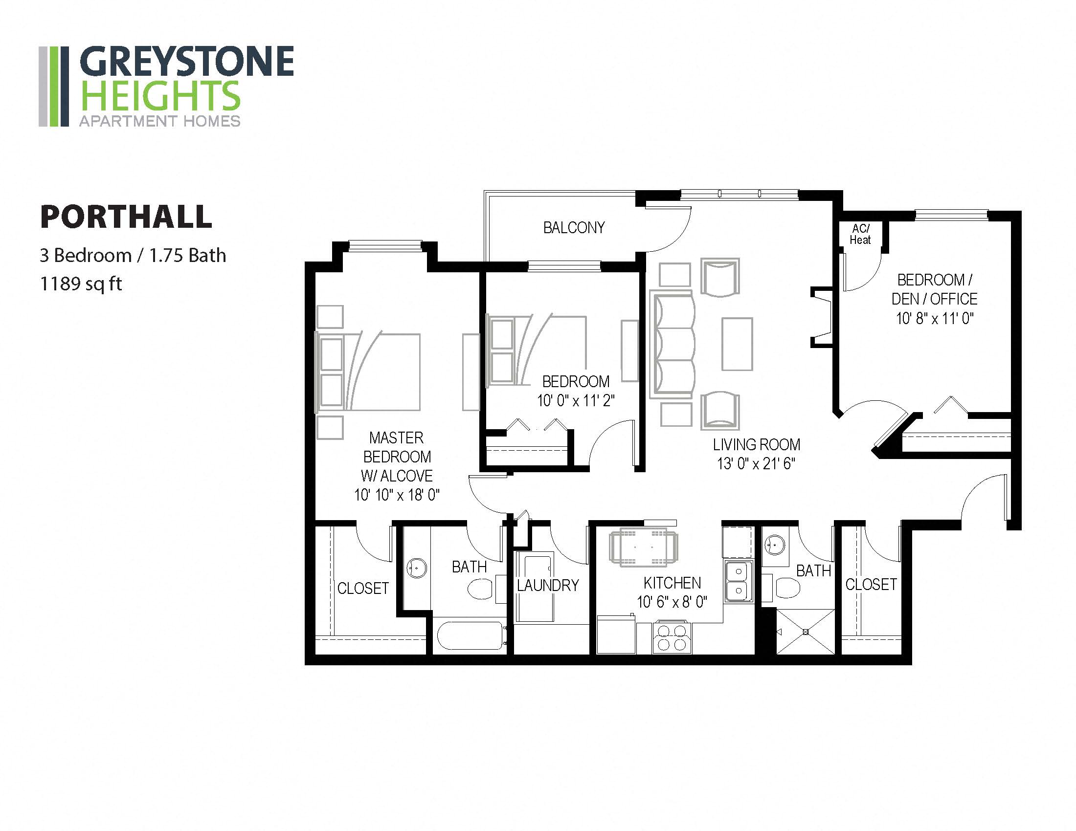 Floor plan for 3 beds, 2 baths, 1189 sqft