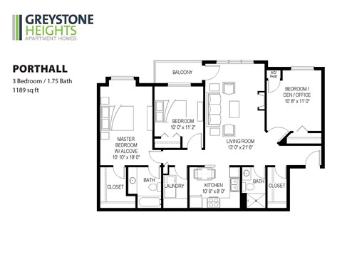 Floor plan for 3 beds, 2 baths, 1189 sqft