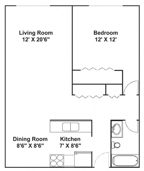 Floor plan for 1 bed, 1 bath, 750 sqft