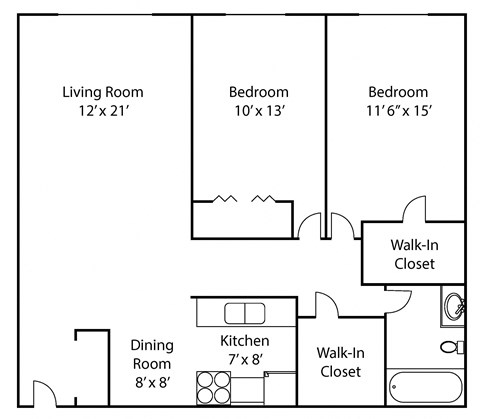 Floor plan for 2 beds, 1 bath, 1020 sqft