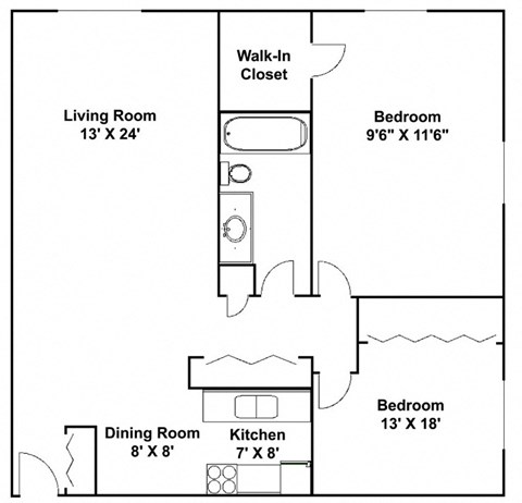 Floor plan for 2 beds, 1 bath, 1150 sqft