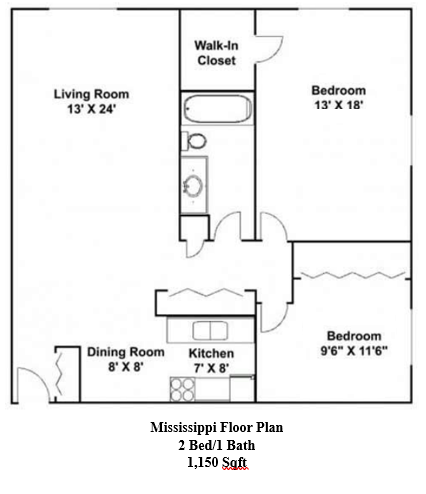 Floor plan for 2 beds, 1 bath, 1150 sqft
