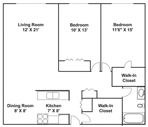 Floor plan for 2 beds, 1 bath, 1020 sqft