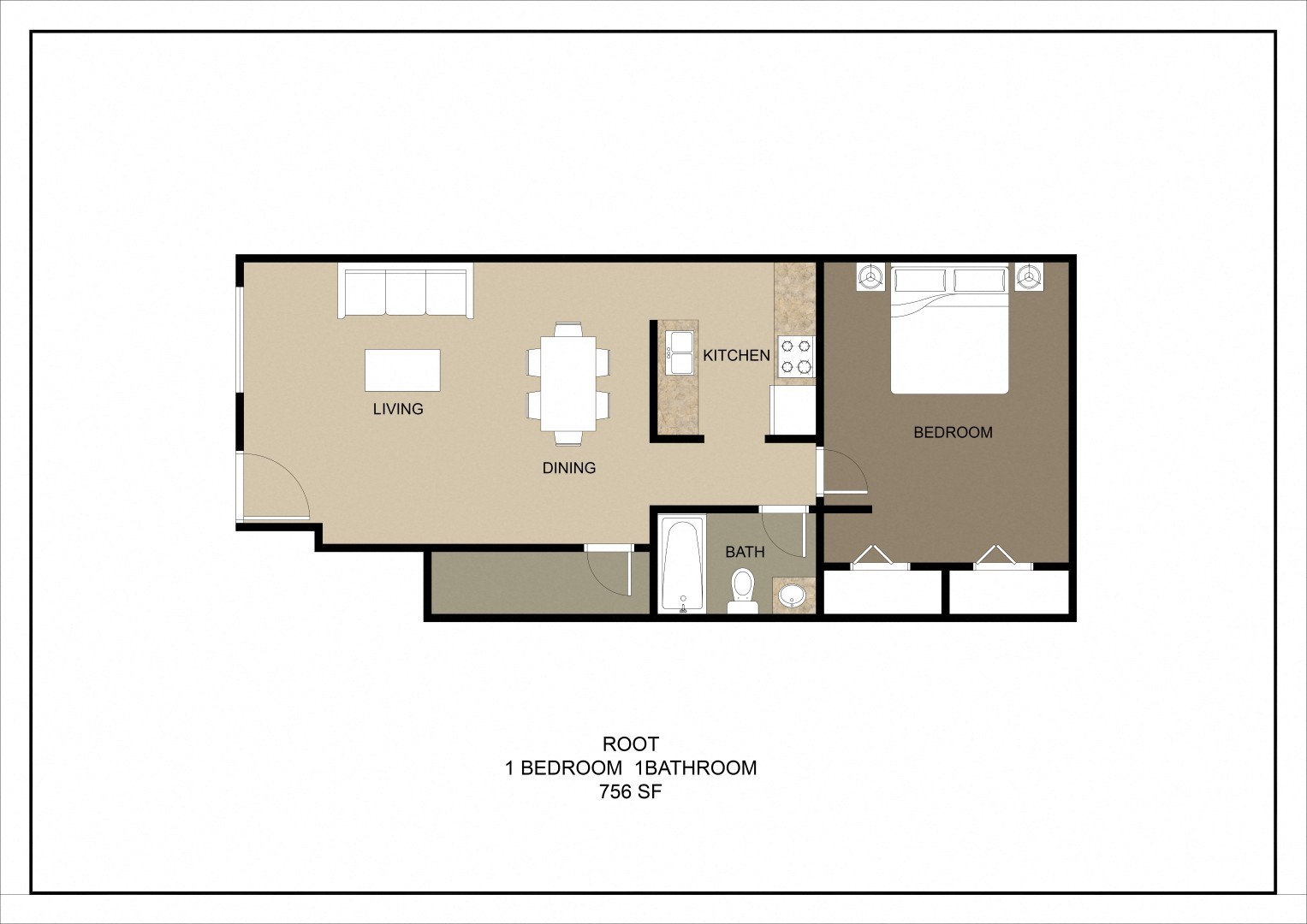 Floor plan for 1 bed, 1 bath, 756 sqft