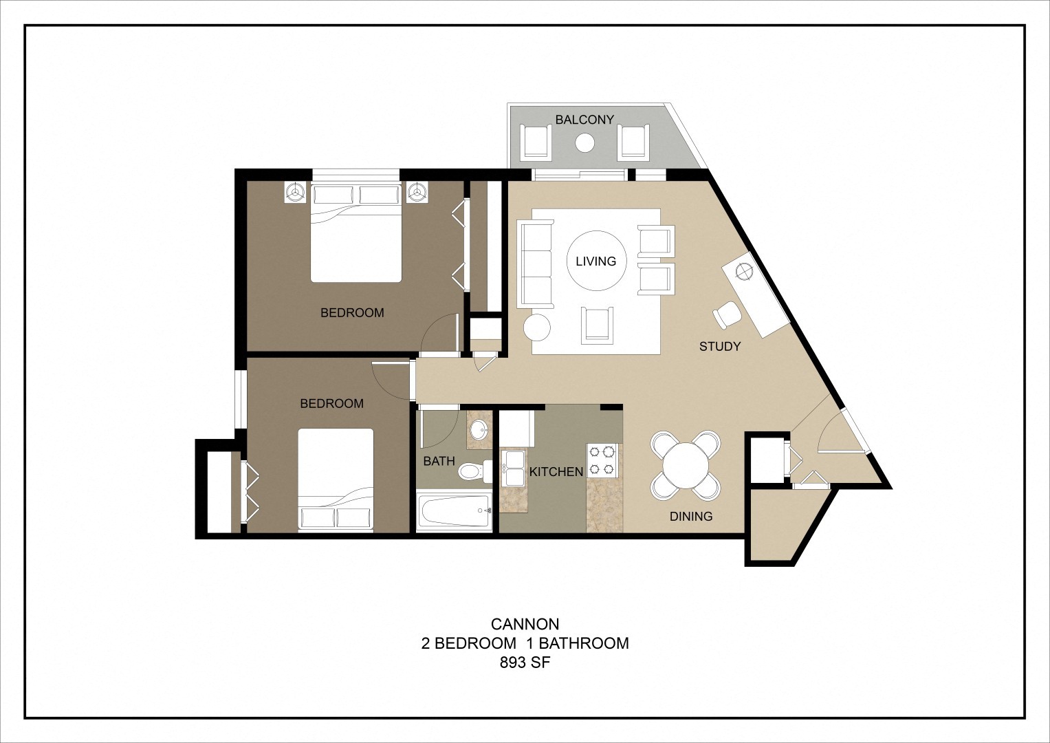 Floor plan for 2 beds, 1 bath, 893 sqft