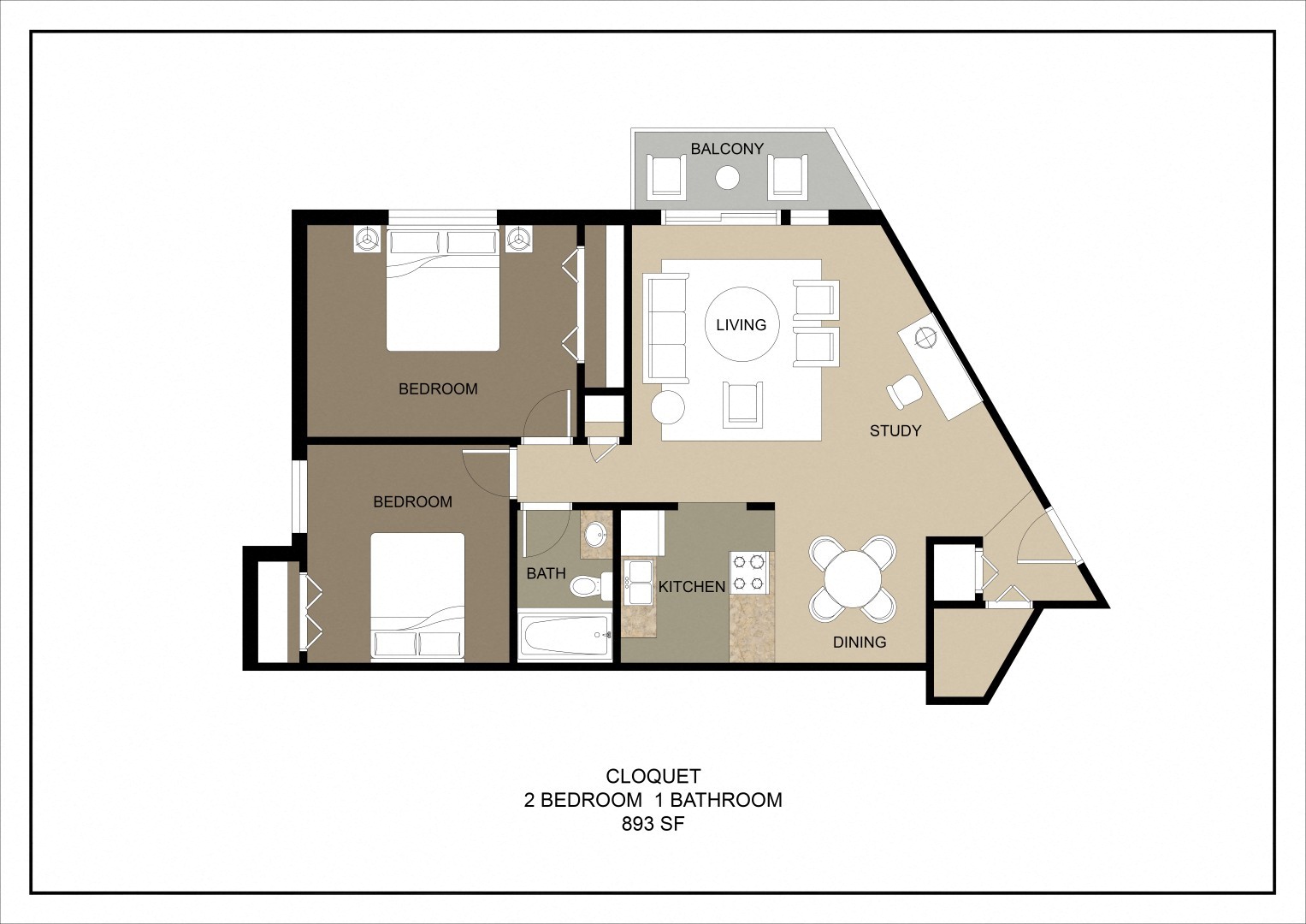 Floor plan for 2 beds, 1 bath, 893 sqft