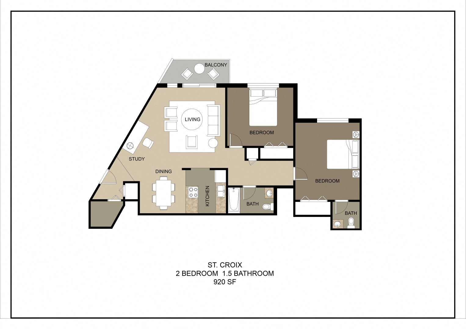 Floor plan for 2 beds, 2 baths, 920 sqft