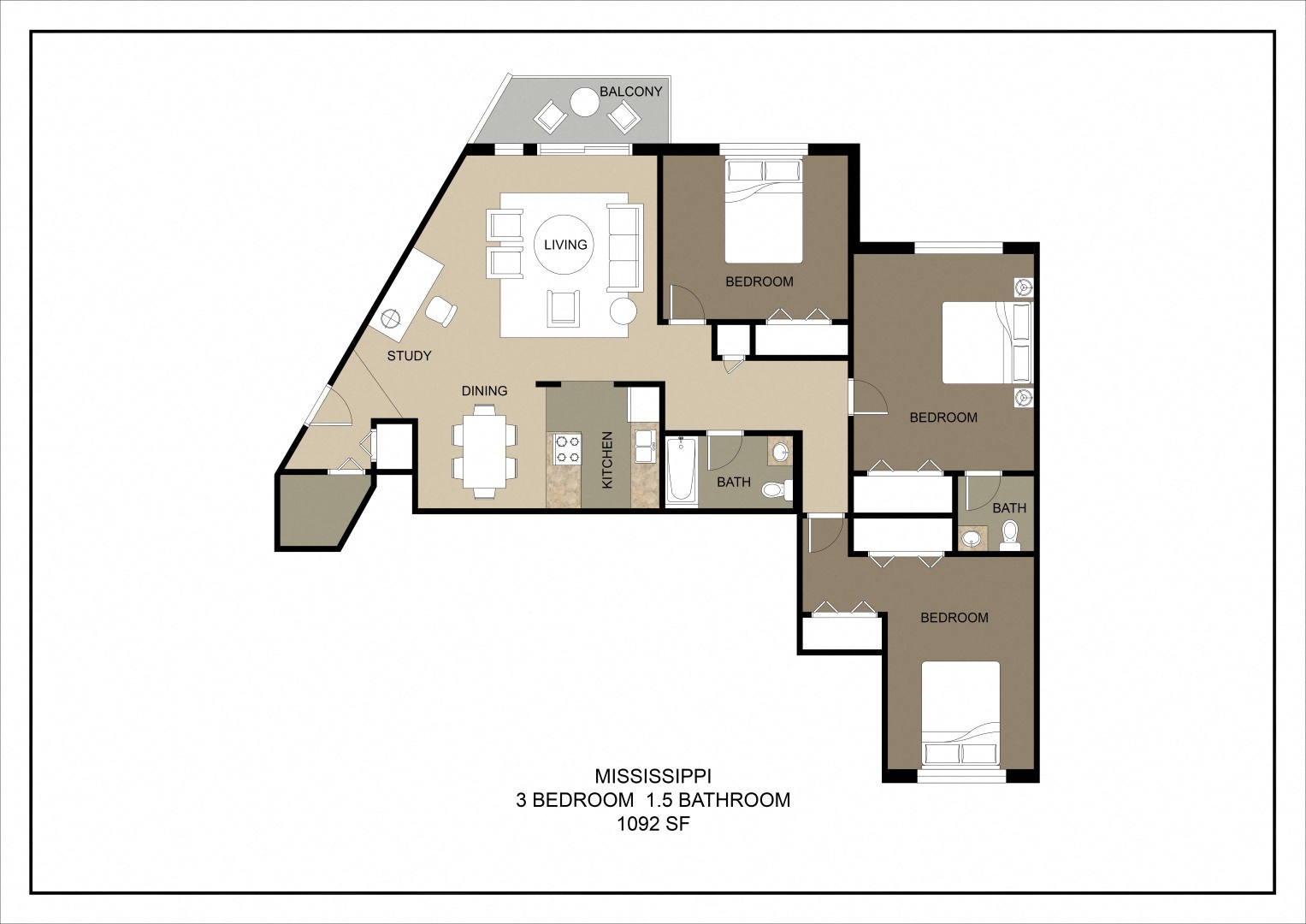 Floor plan for 3 beds, 2 baths, 1092 sqft