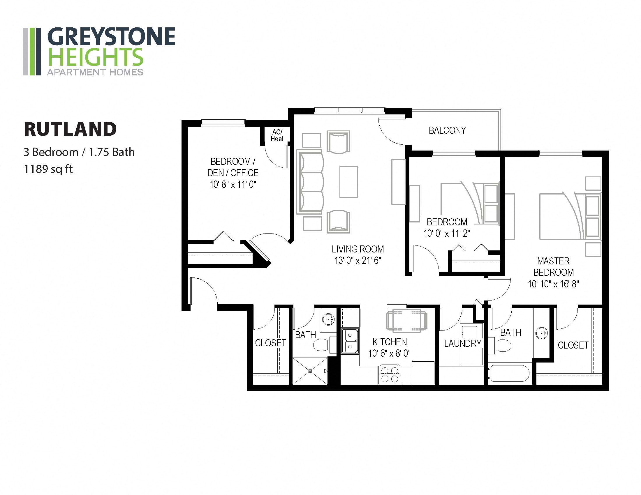 Floor plan for 3 beds, 2 baths, 1189 sqft