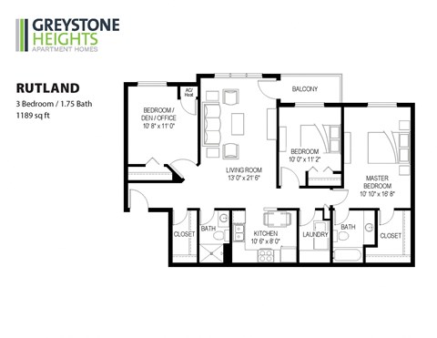 Floor plan for 3 beds, 2 baths, 1189 sqft