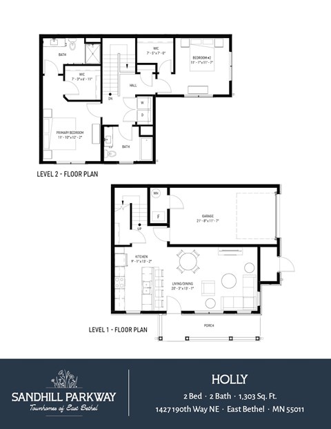 Floor plan for 2 beds, 2 baths, 1303 sqft