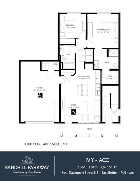 Floor plan for 2 beds, 2 baths, 1046 sqft
