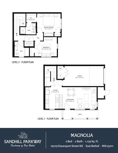 Floor plan for 2 beds, 2 baths, 1159 sqft