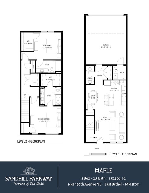 Floor plan for 2 beds, 2.5 baths, 1523 sqft